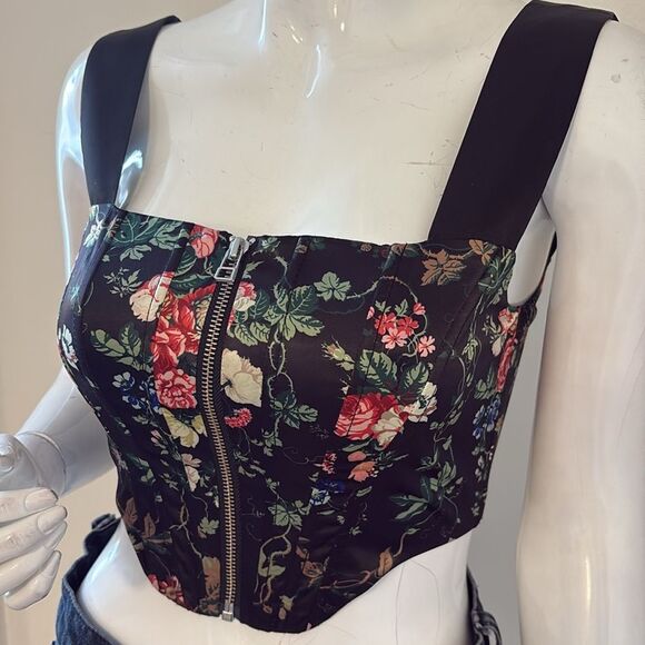 STAUD Black Satin Floral Print Cropped Corset Bustier  Style Top w Exposed Zip - Picture 2 of 7